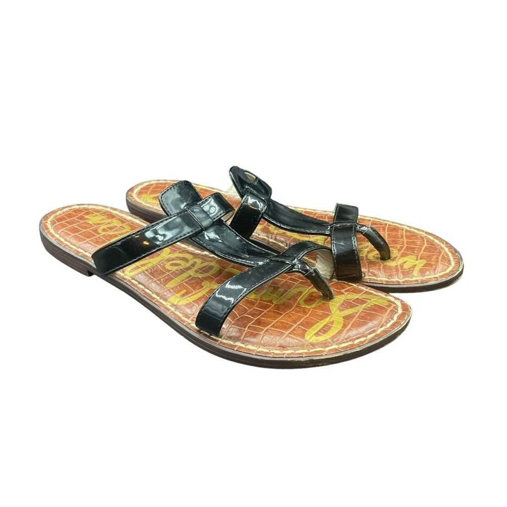Sam Edelman Kira Sandal Slide Womens 8.5 M Strappy Black Patent Thong Flip Flop